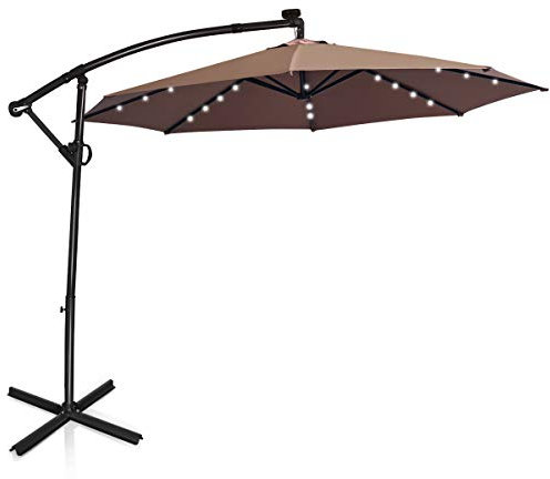 COSTWAY Parasol Déporté Professionnel 3M, Grand Parasol de Jardin Extérieur 32 LED Solaire avec Manivelle, Inclinable et Rotation à 360°, Base Croisée, pour Patio, Terrasse, Balcon (Brun)