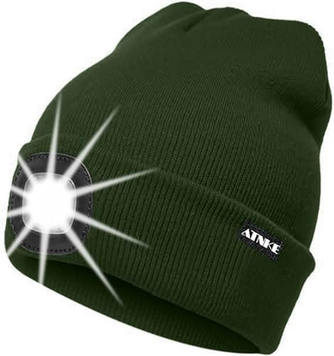 ATNKE LED Beleuchtete Mütze,Wiederaufladbare USB Laufmütze mit Licht Extrem Heller 4 LED Lampe Winter Warme Stirnlampe für Herren und Damen Geschenke/Dark Army Green