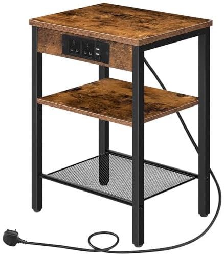 HOOBRO Side Table with Charging Station, Narrow Bedside Table with 2 Sockets and 2 USB Ports, 3-Tier Nightstand with Adjustable Shelf, Slim Sofa Tables End Tables, Rustic Brown and Black EBF112KBZ01