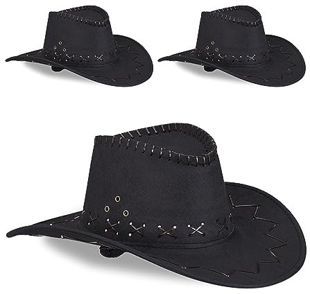 Relaxdays Cowboyhut, 3er Set, Westernhut, Damen & Herren, im Westernstyle, Fasching, Karneval, für Erwachsene, schwarz
