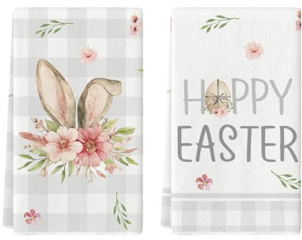 Artoid Mode Büffelkaro Blumen Hasenohr Ostereier Ostern Küchentücher Geschirrtücher, 42x65 cm Happy Easter Frühling Dekoration Handtücher 2er Set