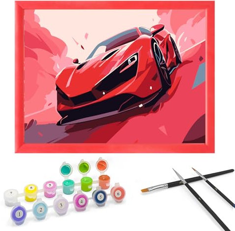 Zimrobin Peinture au Numéro Enfant 5-7 Ans - Kit d'Art Avec Peintures Acryliques, Cadre Photo et 3 Pinceaux - 18 x 24 cm (Voiture Rouge)