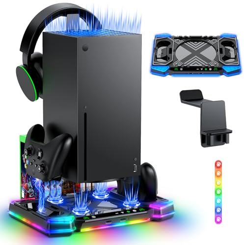 MENEEA Soporte de carga de ventilador de refrigeración RGB mejorado para Xbox Series X: accesorios para consola Xbox X y controlador, base de carga dual y sistema de enfriador, con 11 tipos de luces
