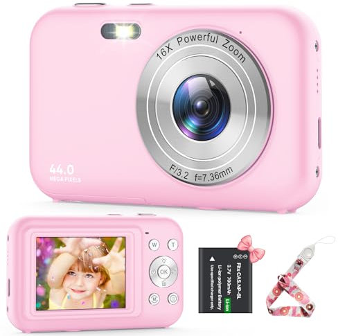 Fotocamera Digitale Compatta, 1080P 44MP Macchina Fotografica Digitale con Zoom Digitale 16X Flash e 1 Batterie, Questa Nuovo Ricaricabile Fotocamera per Bambini, Adulti, Principianti (Rosa)
