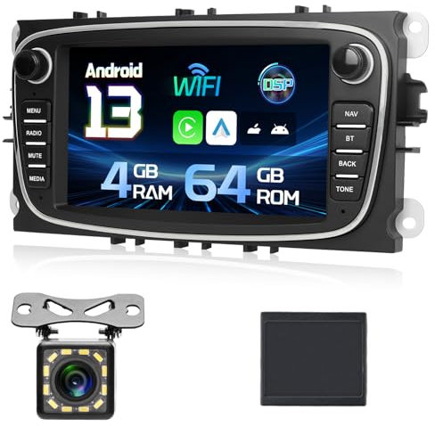 NHOPEEW 4+64G Android Autoradio für Ford Focus/Mondeo/C-Max/S-Max/Kuga/Galaxy - Kabelloses Carplay & Android Auto, GPS/WLAN/EQ/SWC + Rückfahrkamera und Mikrofon
