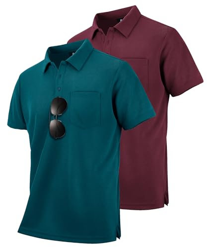 SwissWell 2er Pack Poloshirt Herren Kurzarm Golf Polo Männer T-Shirt Atmungsaktiv Polohemd, Burgunderrot+Cyanblau XL