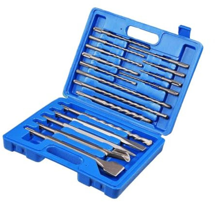 17 Pcs SDS Drill Bits Set, Mixed Hammer Drill Bit and Chisel Set with Storage Case, Rotary Hammer Drill Accessories for Concrete, Tile, Brick, Cement (Blue)