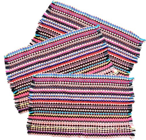 MA MAISON Set 3 Tappetini Intrecciati in Tessuto 55x33 cm - Tappeto Colorato, Zerbino Morbido, Bagno, Ingresso, da Interno, Camera, Cucina - Multiuso Lavabile con Frange