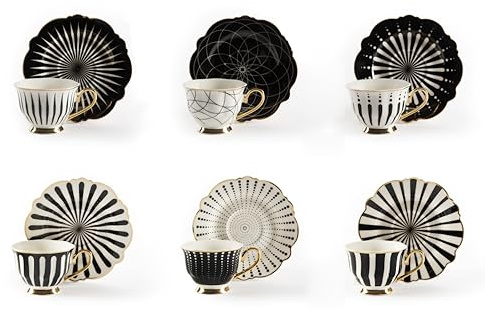 Excelsa Alice Set 6 Tazzine da Caffè con Piattini, New Bone China, Decorazioni Bianco e Nero, Bordo Oro