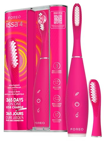FOREO ISSA 4 – 4-in-1-Schallzahnbürste für umfassende Mundpflege, Fuchsia | Elektrische Zahnbürste, Schallzahnbürste, Weiche Borsten, Zahnfleischpflege, Zungenreiniger, Wiederaufladbar, Reisezahnbürste