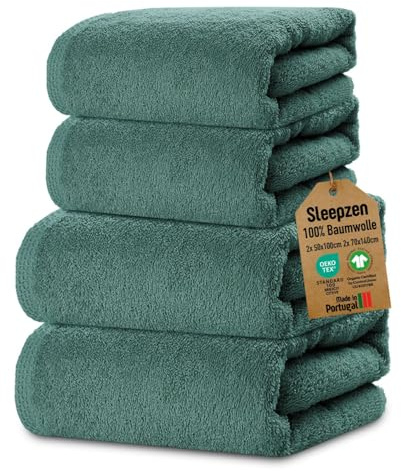 SLEEPZEN – Set mit 2 Handtüchern 50 x 100 und Set mit 2 Badetüchern 70 x 140 (Teal) aus GOTS-zertifizierter Bio-Baumwolle – 500 g/m² – Hochsaugfähig – Hergestellt in Portugal – Oeko-Tex Zertifiziert