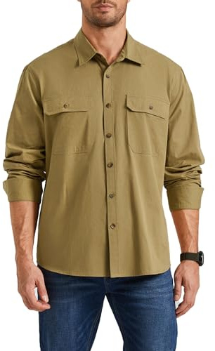 Enlision Chemise Homme Manches Longues Coton Boutonnée Chemises - Surchemise Résistante de Poids Moyen, Poches à Double Rabat