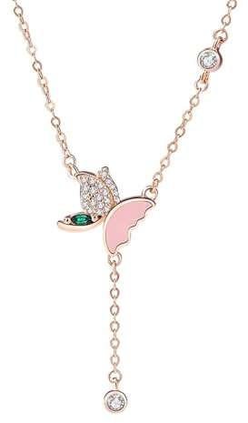 Homxi 18K Rose Gold Women Pendant Necklace, Butterfly with Moissanite and Created Emerald, Women's Rose Gold Engagement Necklace