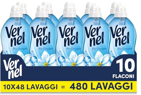 Ammorbidente Concentrato Vernel Blu Oxygen (10 x 48 lavaggi), Ammorbidente Concentrato per Tutti i Tessuti, Morbidezza Irresistibile e Freschezza di Lunga Durata