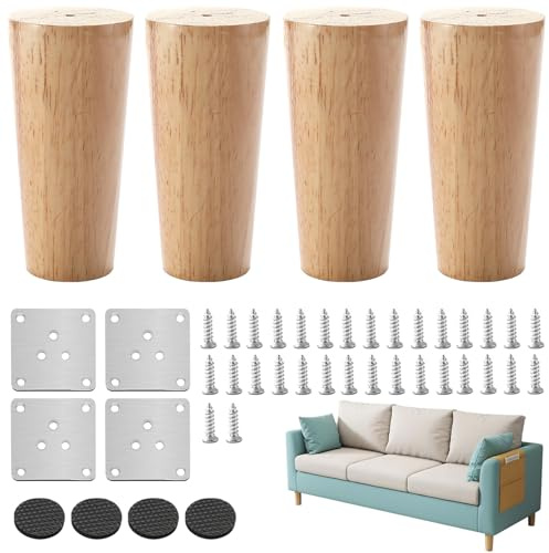 Lot de 4 pieds de meubles en bois - 10 cm - Avec plaque de montage et vis | Pieds de meubles en chêne conique de rechange - Convient pour canapé, lit, armoire, chaise, table