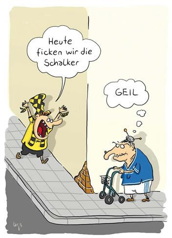 modern times Postkarte CARTOON - Motiv: FUSSBALL HEUTE FICKEN WIR DIE SCHALKER, Anlass: Fun Cartoon/Satire, Künstler/Verlag: KÖPENICKER CG © LARS, Mario, Größe: A6