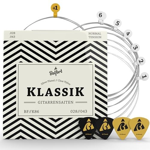 Belfort® Juego Cuerdas Guitarra Española, Clasica, Cuerdas Guitarra Flamenca) 6x Cuerda Nylon + 4 púas + eBook - Accesorios, Cuerda Guitarras (Guitar Strings)