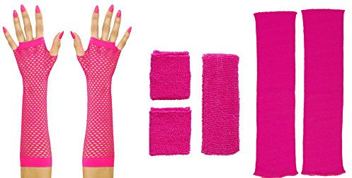Panelize 80er Jahre Set Damen Neon pink Beinstulpen Handschuhe kurz oder lang mit Stirnband und Schweißbändern (Handschuhe Lange)