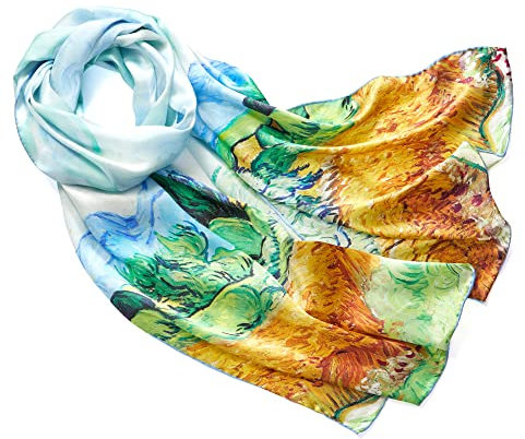 Prettystern Damen langer Damen Seidenschal Malerei Kunstdrucke Art Silk Scarf Van Gogh - Weizenfeld mit Zypressen P943