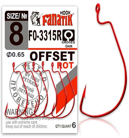 FANATIK Haken Offset FO-3315 gr. 8, 6, 4, 2, 1, 1/0, 2/0, 3/0, 4/0, 5/0 jig Angel Fishing Hook für Gummiköder (Rot, 60mm - #5/0-2 Stück)