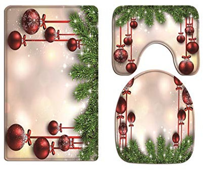 A.Monamour Badezimmer Badematte 3 Teilig Set Tannenzweigen Rote Weihnachtskugeln Hintergründe Urlaub Dekoren Kunst Flanell Saugfähig Badteppiche Badvorleger Badgarnitur Wc Vorleger