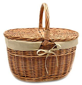 MyBer® Einkaufskorb Korb Picknickkorb Tragekorb mit 2 Deckeln Weidenkorb Vollweide geflochten mit Stoffeinlage 40/30/23cm (40 mit Henkel) K12-027-SB
