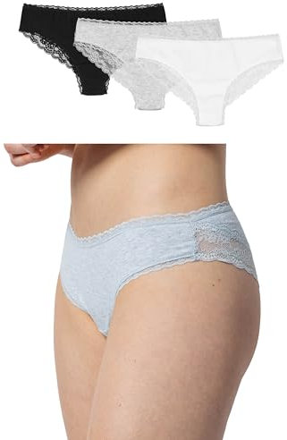 Snocks Brazilian Slip mit Spitze Damen aus Bio-Baumwolle (3er Pack) - Damenunterwäsche mit perfekter Passform und angenehmem Tragegefühl - Unterwäsche Frauen Gr.XL, Farbe Weiß/Grau/Schwarz