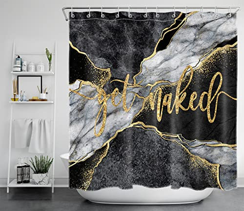 LB Abstrakter Marmor Duschvorhang 240x175cm Gold Lustig Nackt Werden Antischimmel Wasserdicht Badezimmer Vorhänge, Schwarz Grau Geometrisch Extra Breit Polyester Stoff Bad Vorhang mit Haken