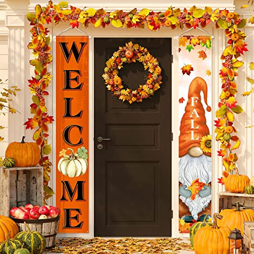 Welcome Fall Veranda Banner Herbst Ernte Tür Banner mit Kürbis Ahornblätter Zwerg Muster Thanksgiving Hängende Banner Herbst Home Dekorationen für Herbst Indoor Outdoor Home Yard Wall Supplies