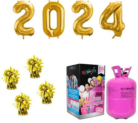 DECORAMI - Silvester Set 2025 | Zahlenballons | Ballongewichte | Heliumflasche | Ballons | Silvesterparty | Happy New Year | 86 cm Ballons | Gold | Dekoration