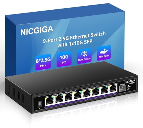 NICGIGA 8 Port 2.5G Ethernet Switch with 10G SFP Uplink, Unmanaged 2.5Gb Network Switch, Plug & Play, Desktop/Wall-Mount, Fanless Metal Design.