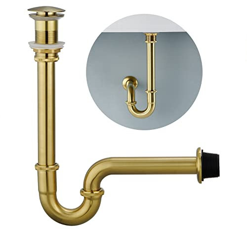 Heixutas Brass P Trap with Bathroom Sink Stopper : 1-1/4 Sink Drain Bottle Trap Set No Overflow - Adjustable Height, Brushed Gold - Complete Basin Sink Plumbing Kit for Pipe Replacement