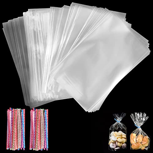 FINEASY Süßigkeiten Tüten Transparent, Cellophantüten Klein mit Metallischen Bindebaender, Candy Bar Tüten, Zellophantüten für Kindergeburtstag Mitgebsel Gastgeschenke (10x15cm, 200 stück)