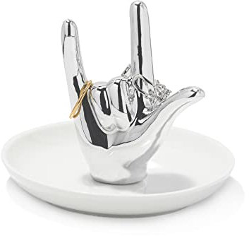 I LOVE YOU Hand Ring Holder Ring Dish Ceramic Jewelry Holder Dish Trinket tray for Rings Earrings Necklace Organizer, Engagement Wedding Ring Holder, Christmas Birthday Gifts (Silver)