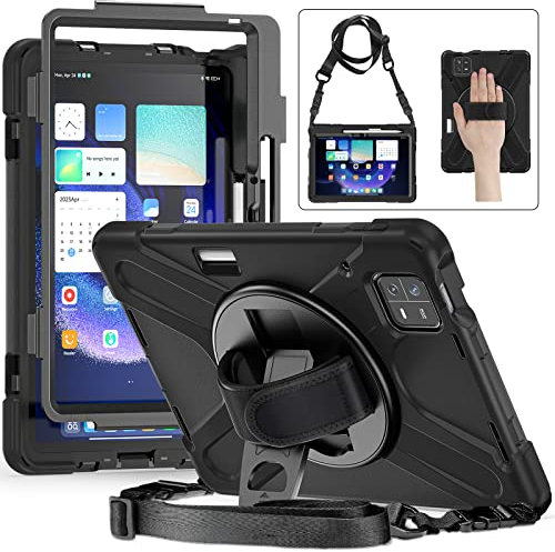 UFinetech Cover Xiaomi Pad 6, Custodia Tablet Xiaomi Mi Pad 6 Pro, Supporto Girevole a 360, Cinghia a Mano e Tracolla, Supporto Matite, Antiurto Robusto Tablet Bambini Custodia Mi Pad 6/6 Pro, Nero