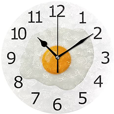 Reloj de Pared Redondo silencioso sin tictac Pintado en acrílico con Comida de Huevo Frito para Garaje, sótano, Restaurante, Taller, Pared