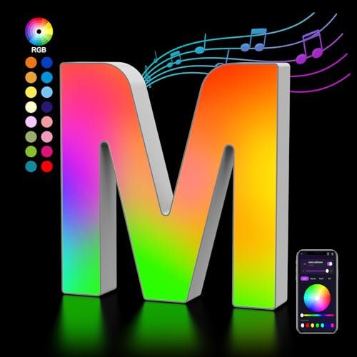 Letra Luminosas Mayúscula con USB, Letras de Luces LED Iluminadas Control APP, Luces Etras de neón, Luces de Noche para Pared, Fiesta de Cumpleaños, Navidad, Decoración de Boda, Letras - M