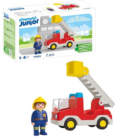 PLAYMOBIL Junior 71683 Camión de Bombero, con Escalera Extensible y Bombero, Juguete sostenible Hecho de plásticos a Base de Plantas, Juguetes para niños y niñas a Partir de 1 año