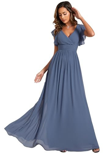 Ever-Pretty Robe de Soirée Dos Nu pour Femme Manches Volantées Mousseline Col V Plissé Robe de Demoiselle d'honneur Longue Élégante Bleu Brume 38
