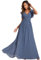 Ever-Pretty Robe de Soirée Dos Nu pour Femme Manches Volantées Mousseline Col V Plissé Robe de Demoiselle d'honneur Longue Élégante Bleu Brume 38