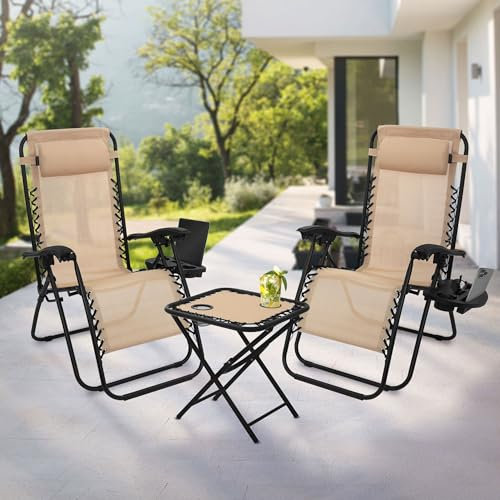 ML-Design 3-teiliges Sonnenliege Set klappbar, Gartenliege Set mit Tisch, Taupe, Liegestuhl mit verstellbarem Kopfpolster & Rückenlehne, wetterfest/Outdoor, Relaxliege Gartenstuhl mit Getränkehalter