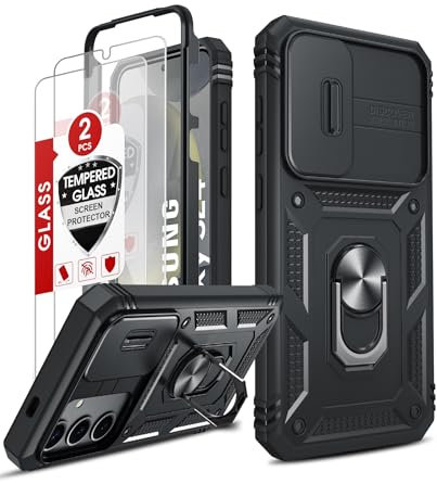 LeYi Kameraschutz Hülle für Samsung Galaxy S24 5G Handyhülle [2 Hartglas Schutzfolie] Hybrid Metall Ring Ständer Cover Case Kamera Schiebeabdeckung Schutzhülle Militär S 24 5 G Handy Hüllen Schwarz