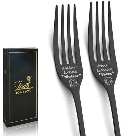 Mama und Papa Geschenke, Funnydin 2 Stücke Edelstahl Gabeln, Vatertagsgeschenke für Papa, schwarze Tafelgabeln mit Gravur - Mein liebster Vater, Meine liebste Mutte, Muttertagsgeschenke für Mama Papa