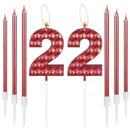 22nd Birthday Decorations - Red Number 22 Candles & Toppers for Girls & Boys, Happy Birthday Party & Wedding Anniversary