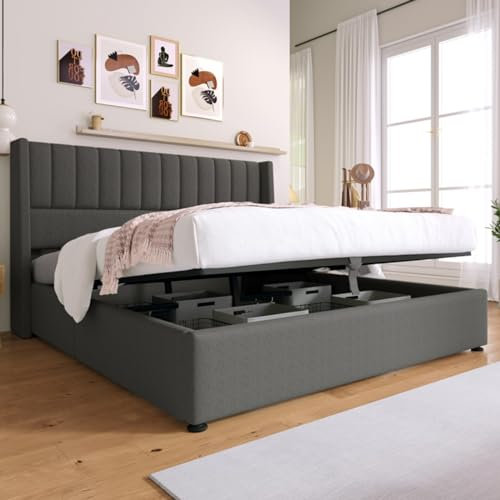 Skcess Stauraumbett Polsterbett Hydraulisch Doppelbett 180X200Cm, Lattenrost Aus Holz, Bett Mit Lattenrost Aus Metallrahmen, Leinen, Grau