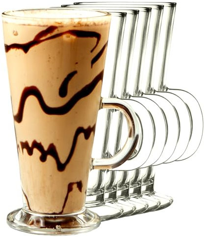 KIAPPO Gläser Set 250 ml - 6 Stück Kaffee- und Cocktailgläser - Trinkgläser für Latte Macchiato - Hochgläser Mit Henkel - Spülmaschinenfest - 75 x 75 x 145 mm
