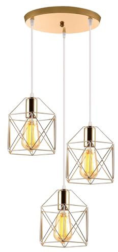 3 flammig Pendelleuchte Industrielle Vintag Hängeleuchte E27 Deckenleuchter mit Sechseck Design Lampe aus Eisen Käfig Lampenschirm für Wohnzimmer Esstisch Küche (Kupfer-mit runden Basis)
