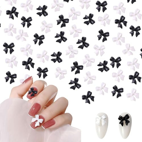 Bow Nail Charms, 200 Pcs 3D Bow Nail Charms Nail Rhinestones Gems Resin Bowknot Nail Art Decorations Accessories Nail Jewels for Women Girls Nail Design DIY Crafts (Black+White)