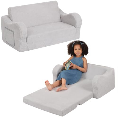BestRoyal Extra breiter Kleinkindstuhl, 2-in-1 Kleinkind-Couch ausklappbar, umwandelbares Sherpa-Sofa zur Liege für Jungen & Mädchen, Grau