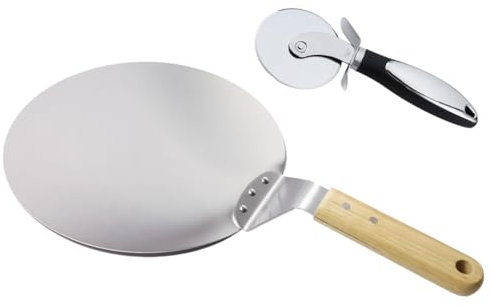 Abiyou Pala per Pizza con Manico in Legno, Pala per Pizza in Acciaio Inox Invia Rotella Tagliapizza, 10 Pollici Pala per Pizza, Pala Rotonda per Pizza Fatta in Casa, per Pane,Pizze,Pasticcini,Biscotti